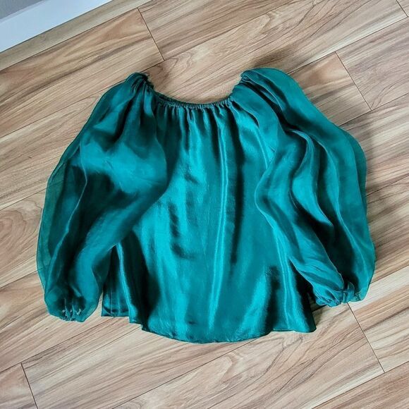 AZEEZA Ellie Silk Organza Off Shoulder Pleated Blouse in Forest Emerald Green - Picture 1 of 13